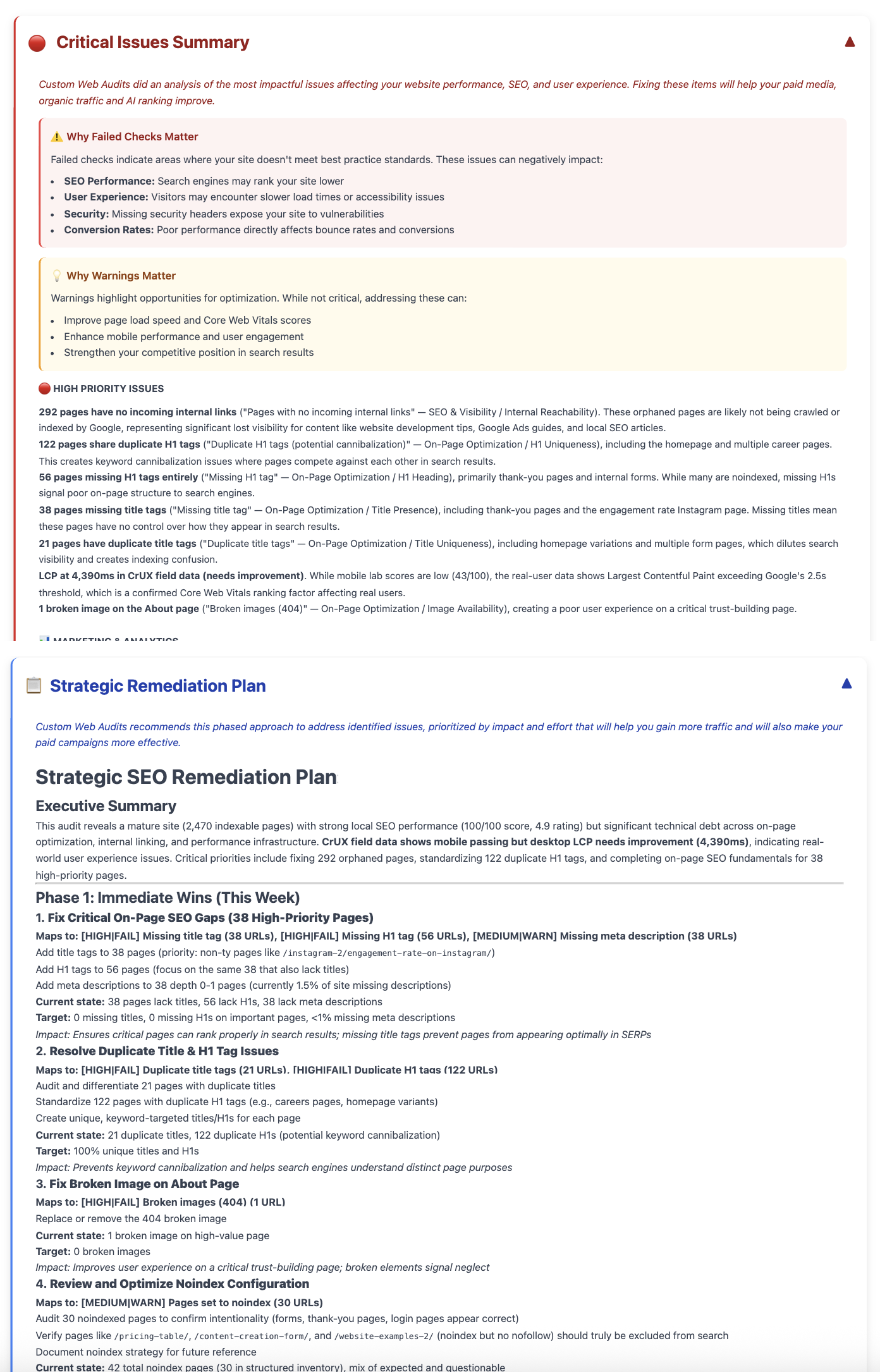 Critical Issues Summary and Strategic Remediation Plan panels from a real audit